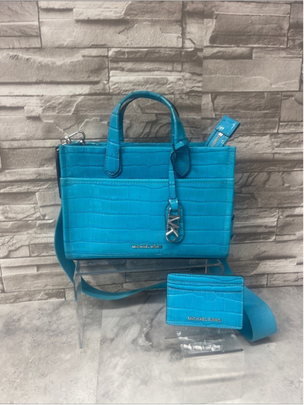 Michael Kors Gigi Croc Embossed Satchel & Matching Wallet Santorini Blue